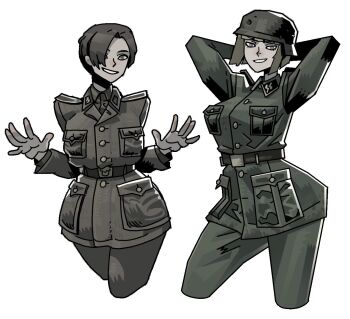 2girls belt belt_buckle blonde_hair blue_eyes breasts brown_hair buckle buttoned_up_jacket collared_jacket combat_helmet epaulettes female_soldier hair_over_one_eye hands_behind_own_head helmet highres jacket military military_uniform multiple_girls narrow_waist original pants pocket sebastian_z short_hair smile soldier stahlhelm teeth waffen-ss wide_hips world_war_ii