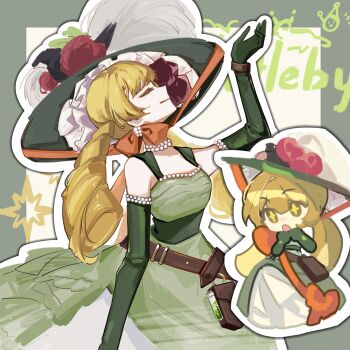 +_+ 1girl :o arm_up bare_shoulders belt belt_pouch blonde_hair border bow brown_belt character_name chibi chibi_inset chinstrap closed_mouth dress drill_hair elbow_gloves facing_up flower from_side gloves green_border green_dress green_gloves green_hat hand_up hat hat_feather hat_flower highres long_dress long_hair low_twintails multiple_views orange_bow outside_border picture_hat pouch red_flower reverse:1999 sleeveless sleeveless_dress smile sotheby twin_drills twintails white_background xianyadan_tuzi