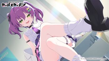 1girl 2021 arm_tattoo black_bow black_collar black_shoes bow collar copyright_logo copyright_name copyright_notice crossed_legs fukino_tou green_eyes hair_bow indoors kuchiba_rami logo loose_socks muv-luv muv-luv_girls_garden necktie official_art open_mouth purple_hair purple_necktie shirt shoes short_necktie sitting sleeveless sleeveless_shirt socks solo tattoo thigh_strap twintails white_shirt