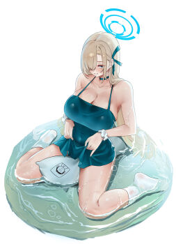 absurdres asuna_(blue_archive) blonde_hair blue_archive blue_eyes breasts chinese_commentary commentary_request hair_over_one_eye highres large_breasts long_hair reflection reflective_liquid shangdi_de_fa_zhang sitting swimsuit wariza
