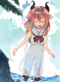 1other absurdres backlighting black_horns black_streaks black_thighhighs blue_hair blue_nails blurry blurry_foreground blush bow bowtie brooch closed_eyes colored_eyelashes colored_inner_hair commentary_request cowboy_shot dress flower gynoid_talk hair_between_eyes hair_flower hair_intakes hair_ornament hat hat_on_back highres horns jewelry medium_hair meika_hime multicolored_hair nail_polish ocean open_mouth pink_hair red_bow red_bowtie sabiaji_(gama_ou) sailor_collar short_eyebrows sketch skindentation sky sleeveless sleeveless_dress smile solo straw_hat streaked_hair summer thick_eyebrows thighhighs vocaloid wading water wet white_dress white_sailor_collar