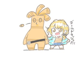 1girl :d black_bow blonde_hair blue_jacket blue_skirt bow brown_eyes brown_shirt chibi coin commentary_request crossover fang fujita_kotone gakuen_idolmaster gholdengo hair_bow hair_over_shoulder idolmaster jacket kawamochi_(kawauti919) long_hair low_twintails nintendo open_clothes open_jacket open_mouth outstretched_arm pleated_skirt pointing pokemon pokemon_(creature) shadow shirt simple_background skirt smile spitting standing translation_request twintails v-shaped_eyebrows white_background