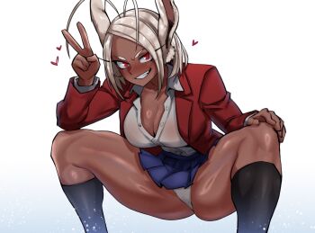 1girl animal_ears antenna_hair artist_collaboration black_socks blue_skirt blush boku_no_hero_academia breasts cleavage collarbone collared_shirt colorized commentary cosplay dark-skinned_female dark_skin english_commentary grin hand_on_own_knee hand_up heart highres huge_antenna_hair jacket large_breasts long_eyelashes looking_at_viewer medium_hair mirko natsume_maya open_clothes open_jacket panties parallaxfused parted_bangs partially_unbuttoned pleated_skirt rabbit_ears rabbit_girl red_jacket school_uniform shirt shirt_tucked_in skirt smile socks solo spread_legs squatting tenjou_tenge thick_thighs thighs toned toned_female underwear v white_hair white_panties white_shirt