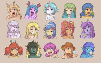 Rule 34 | ?, bad link, blonde hair, blue hair, breasts, burp, cleavage, cracking knuckles, crisis, cup, dryad, felarya, fire, giant, giantess, harpy, highres, holding, holding cup, horns, karbo, lamia, melany (karbo), meralimexia, monster girl, multiple girls, pointy ears, smile, subeta, thumbs up, tongue, uvula, vivian (karbo), wings