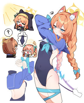 2girls ? animal_ear_fluff animal_ears aqua_bow aqua_bowtie aqua_neckerchief black_leotard blue_archive blue_eyes blue_ribbon blue_shrug blush bound bound_wrists bow bowtie braid breasts cat_ears cat_girl chaum closed_eyes closed_mouth commentary cosplay covered_navel hair_intakes halo highleg highleg_leotard highres leotard long_sleeves looking_at_viewer low_twin_braids mari_(blue_archive) multiple_girls multiple_views neckerchief orange_hair ribbon shimiko_(blue_archive) shimiko_(blue_archive)_(cosplay) shimiko_(magical)_(blue_archive) shrug_(clothing) simple_background small_breasts spoken_question_mark spoken_sweatdrop sweatdrop symbol-only_commentary thighs twin_braids white_background yellow_halo
