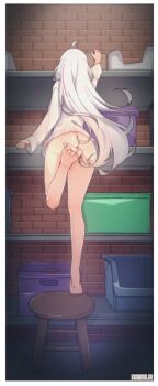 1girl ahoge ass barefoot bottomless brick_wall covered_pussy ember_amane feet highres leg_up legs long_hair multicolored_hair on_stool phase_connect pink_hair shirt standing standing_on_one_leg streaked_hair tilt-shift_(azalanz) toes virtual_youtuber white_hair white_shirt