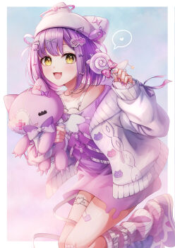 Rule 34 | 1girl, :3, absurdres, animal ear headwear, bandaid, beanie, border, bow, candy, cardigan, chest harness, choker, collarbone, fake animal ears, food, gauze on knee, hair bow, hair ornament, hair rings, hairpin, harness, hat, heart, heart o-ring, highres, holding, holding candy, holding food, holding lollipop, holding stuffed toy, leg warmers, lollipop, looking at viewer, medium hair, o-ring, open mouth, outside border, parted bangs, pink shirt, purple hair, purple nails, sasamisable, shinomiya runa, shinomiya runa (4th costume), shirt, shoes, sleeves past wrists, sneakers, solo, stuffed animal, stuffed toy, thigh strap, too many hair ornaments, virtual youtuber, vspo!, white border, white cardigan, white choker, x hair ornament, yellow eyes