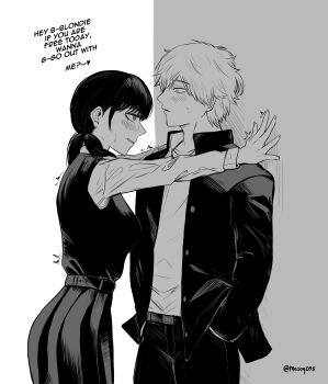 1boy 1girl absurdres blush breasts chainsaw_man commentary denji_(chainsaw_man) dress english_text fourth_east_high_school_uniform gakuran greyscale hand_on_wall hands_in_pockets height_difference hetero highres kabedon low_twintails masoq medium_breasts mitaka_asa monochrome pinafore_dress pleated_skirt school_uniform skirt sleeveless sleeveless_dress sweatdrop twintails