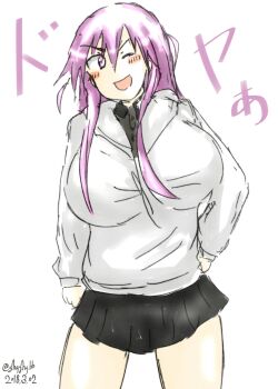 Rule 34 | 1girl, artist request, black skirt, breasts, commentary request, dated, girls und panzer, girls und panzer little army, grey shirt, highres, jacket, kuromorimine school uniform, large breasts, miniskirt, pink eyes, pink hair, school uniform, sheska (girls und panzer), shirt, skirt, smile, translation request, twitter username, white jacket