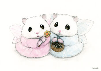 absurdres animal animal_focus artist_name basket blue_dress commentary_request dress fairy_wings fake_wings gotte hamster highres holding holding_basket holding_wand no_humans original pink_dress seed sunflower_seed wand wings