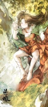 1girl absurdres bare_legs barefoot black_eyes black_hair bottle bracelet breasts character_name chinese_text day dress facial_mark falling_leaves forehead_mark green_sleeves hair_branch hair_bun hand_up highres holding holding_bottle huadian ic_(iccccccccc81) jewelry jiu_niangzi large_breasts leaf legs_apart long_hair lying on_grass outdoors red_dress reverse:1999 sideways smile solo tree