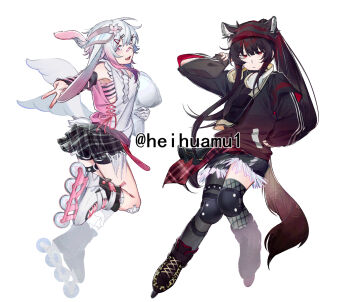 2girls alternate_costume alternate_hairstyle animal_ears asymmetrical_legwear black_hair black_jacket black_skirt commentary_request flower full_body gradient_hair hair_flower hair_ornament hand_in_pocket hand_up headphones headphones_around_neck heihuamu1 highres jacket kemonomimi_mode knee_pads long_hair long_sleeves looking_at_viewer mahou_shoujo_no_majo_saiban multicolored_hair multiple_girls nikaido_hiro open_mouth pink_eyes pink_hair plaid_clothes plaid_skirt rabbit_ears rabbit_girl rabbit_tail red_eyes roller_skates sakuraba_ema short_hair simple_background skates skirt smile tail twitter_username white_background white_hair wings wolf_ears wolf_girl wolf_tail x_hair_ornament