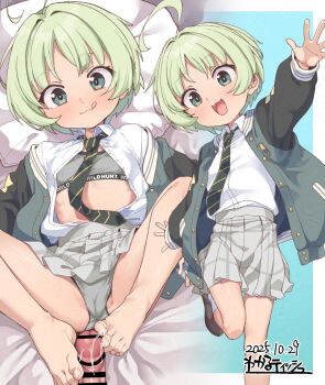 1boy 1girl :3 :d :q adversarial_noise ahoge bar_censor barefoot blue_archive bra brown_shoes cameltoe censored closed_mouth collared_shirt dated diagonal-striped_clothes diagonal-striped_necktie feet flat_chest footjob green_hair grey_bra grey_eyes grey_jacket grey_necktie grey_panties grey_skirt hetero highres jacket kanabun loli long_sleeves lying multiple_views necktie on_back open_clothes open_jacket open_mouth open_shirt paid_reward_available panties penis pleated_skirt puffy_long_sleeves puffy_sleeves ritsu_(blue_archive) shirt shoes short_hair signature skirt sleeves_past_wrists smile socks spread_legs striped_clothes toes tongue tongue_out training_bra two-footed_footjob underwear white_shirt white_socks