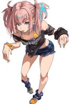 1girl arms_up denim denim_shorts full_body hair_between_eyes highres leaning_forward leg_up looking_at_viewer multicolored_hair off_shoulder original pink_hair purple_eyes rasetsu001 short_shorts short_twintails shorts sidelocks simple_background solo spread_legs tank_top tongue tongue_out torn_clothes twintails white_background