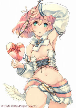 1girl arm_up armpits belt blue_eyes box box_of_chocolates breasts closed_mouth commentary_request copyright_notice heart-shaped_box holding holding_box holding_wand keypot looking_at_viewer low_wings medium_hair navel official_art pink_hair shorts small_breasts solo tawil_(wixoss) wand white_belt white_shorts white_sleeves wings wixoss