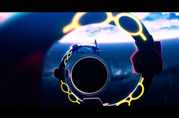 above_clouds absurdres alternate_color black_hole blurry blurry_foreground claws cloud commentary_request dragon eastern_dragon eye_trail gen_3_pokemon glowing glowing_eyes highres legendary_pokemon light_trail nengoro nintendo no_humans pokemon pokemon_(creature) rayquaza shiny_pokemon solo space