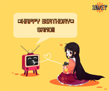 1girl black_hair blunt_bangs blush brown_eyes commentary_request controller dated frilled_skirt frilled_sleeves frills full_body game_controller happy_birthday heart heart_of_string holding holding_controller holding_game_controller houraisan_kaguya leaf_print long_hair long_sleeves looking_at_viewer looking_back maple_leaf_print open_mouth pink_shirt radio_antenna red_skirt shirt sitting skirt smile solo television touhou tu2ki very_long_hair yellow_background
