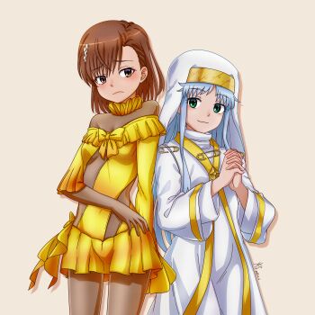 Rule 34 | 2girls, absurdres, asymmetrical bangs, bodystocking, breasts, brown eyes, brown hair, djt (user wrzg5248), dress, embarrassed, frown, green eyes, grey hair, hair ornament, hairpin, highres, index (toaru majutsu no index), long hair, looking at viewer, misaka mikoto, multiple girls, nun, off-shoulder dress, off shoulder, official alternate costume, own hands clasped, own hands together, robe, safety pin, signature, simple background, small breasts, toaru majutsu no index, toaru majutsu no index: genesis testament, white robe, yellow dress