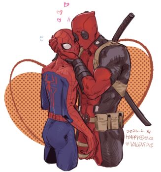 2boys animal_print asaki_r back belt black_bodysuit blue_bodysuit bodysuit brown_belt closed_eyes cowboy_shot dated deadpool deadpool_(series) english_text flying_sweatdrops hand_on_another&#039;s_face hand_on_another&#039;s_head happy_valentine heart heart_background highres katana male_focus marvel multicolored_bodysuit multiple_boys one_eye_closed pocket red_bodysuit spider-man spider-man_(series) spider_print spider_web_print standing superhero_costume sword two-tone_bodysuit weapon weapon_on_back white_background yaoi