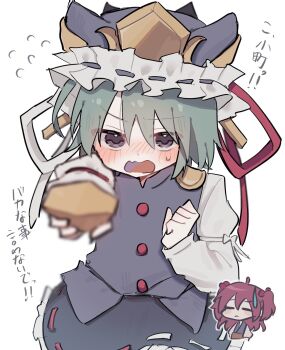 2girls blue_eyes blue_skirt blue_vest blush clenched_hand closed_eyes embarrassed green_hair hand_up hat highres long_sleeves looking_at_viewer maruten_moko medium_hair multiple_girls onozuka_komachi pointing pointing_at_viewer red_hair rod_of_remorse shiki_eiki shirt skirt touhou translation_request two_side_up vest white_background white_shirt