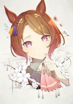 1girl animal_ears ascot black_sailor_collar blush brown_hair closed_mouth collared_shirt commentary_request cropped_shoulders flower flower-shaped_pupils flower_in_eye highres horse_ears horse_girl looking_at_viewer pink_ascot pink_eyes purple_eyes sailor_collar sakura_laurel_(saisir_le_reve)_(umamusume) sakura_laurel_(umamusume) shikahisa_totani shirt short_hair smile solo symbol-shaped_pupils symbol_in_eye umamusume