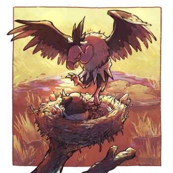 animal_focus bird_nest bone border commentary_request evolutionary_line flying gen_5_pokemon grass highres mandibuzz mud nintendo no_humans odo_7ta outdoors pokemon tree vullaby white_border