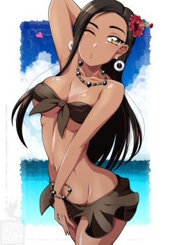 Rule 34 | 1girl, beach, bead necklace, beads, bikini, bikini skirt, black bikini, black hair, blue sky, breasts, brown eyes, cleavage, cloud, commentary request, cowboy shot, dark-skinned female, dark skin, day, earrings, flower, front-tie bikini top, front-tie top, groin, hair flower, hair ornament, highres, hoop earrings, horizon, ichijou takakiyo, jewelry, long hair, medium breasts, necklace, ocean, original, outdoors, sky, solo, swimsuit