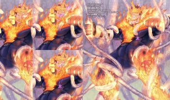 1boy bara beard blue_bodysuit blue_eyes bodysuit boku_no_hero_academia bound bound_arms bound_legs bulge covered_abs covered_navel endeavor_(boku_no_hero_academia) erection erection_under_clothes facial_hair fiery_hair fire foot_out_of_frame imminent_anal imminent_penetration large_pectorals male_focus mature_male muscular muscular_male ono_(ohno_ha) paid_reward_available pectorals red_hair paid_reward_available scar scar_across_eye scar_on_face sequential short_hair sideburns solo spiked_hair tentacles tentacles_on_male thick_thighs thighs