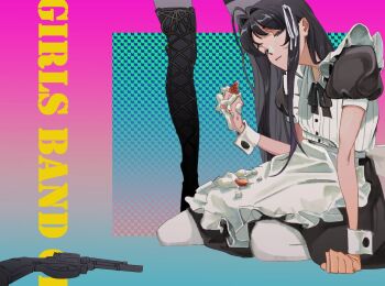2girls alternate_costume apron arm_support awa_subaru black_hair black_ribbon black_skirt blue_background boots closed_mouth copyright_name enmaided food fruit girls_band_cry gradient_background gun hair_intakes half-closed_eyes hand_up handgun hashtag-only_commentary holding holding_food icing lace-up_boots light_smile long_hair looking_at_viewer maid maid_apron multiple_girls neck_ribbon out_of_frame pantyhose pink_background puffy_short_sleeves puffy_sleeves revolver ribbon shirt short_sleeves si_yu_anle sitting skirt solo_focus standing strawberry thigh_boots waist_apron wariza weapon white_pantyhose white_shirt wrist_cuffs
