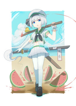 1girl absurdres alternate_costume beach beret black_hairband black_neckerchief blue_eyes blue_sky bokken brown_shoes chinese_commentary cloud commentary_request commission day edsky0309 elbow_gloves fingerless_gloves food fruit full_body gloves green_sailor_collar grey_hair hairband hat highres hitodama katana konpaku_youmu konpaku_youmu_(ghost) loafers midriff navel neckerchief ocean open_mouth outdoors pantyhose pleated_skirt rubber_duck sailor_collar sailor_shirt see-through_clothes sheath shirt shoes single_glove single_wrist_cuff skirt sky solo sword touhou translation_request watermelon watermelon_slice weapon weapon_on_back white_gloves white_hat white_pantyhose white_skirt wooden_sword wrist_cuffs