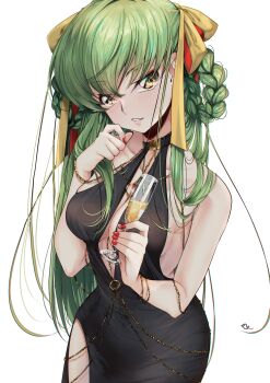 1girl absurdres alcohol bare_shoulders bb_(fate) bb_dubai_(fate) black_dress braid breasts budgiepon c.c. champagne cleavage code_geass cup dress drinking_glass fate_(series) green_hair hair_ribbon hand_up highres holding holding_cup long_hair looking_at_viewer medium_breasts multiple_braids parted_lips plunging_neckline red_nails ribbon side_slit simple_background sleeveless sleeveless_dress solo very_long_hair white_background yellow_eyes yellow_ribbon