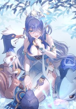 1girl absurdres antlers aqua_dress armlet bare_shoulders beaver bird blue_dress blue_hair breasts cleavage commentary_request crossed_bangs deer_antlers deer_girl dress genshin_impact gold hair_over_one_eye highleg highleg_dress highres horns jewelry kneeling large_breasts lauma_(genshin_impact) leaf long_hair open_mouth pointy_ears sarasarasasayo solo squirrel very_long_hair