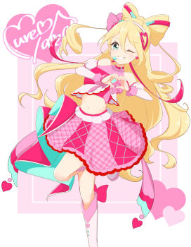 Rule 34 | 1girl, absurdres, arm warmers, bare shoulders, beads, blonde hair, blue eyes, blush, bow, bow-shaped hair, bow choker, character name, choker, collarbone, commentary request, crop top, cure idol, detached sleeves, drill hair, earrings, grin, hair beads, hair between eyes, hair ornament, hair ribbon, hairband, headset, heart, heart earrings, heart hair ornament, heart hands, highres, idol, idol clothes, idol heart brooch (precure), idol heart incom, jewelry, kimi to idol precure, long hair, looking at viewer, magical girl, midriff, multicolored hair, multiple earrings, navel, one eye closed, p lum04, parted lips, pink bow, pink hair, pink ribbon, pink shirt, pink skirt, pink theme, pink wrist cuffs, plaid bow, plaid ribbon, precure, puffy detached sleeves, puffy sleeves, red bow, red choker, ribbon, sakura uta (precure), scrunchie, shirt, shirt bow, single arm warmer, skirt, smile, solo, standing, standing on one leg, stomach, streaked hair, teeth, twintails, two-tone hair, white hairband, wrist cuffs, wrist scrunchie