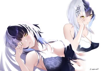 Rule 34 | 1girl, absurdres, black hair, breasts, cleavage, grey hair, hair ornament, hand up, highres, hololive, hololive english, large breasts, looking at viewer, mahiruuu, multicolored hair, multiple views, navel, shiori novella, simple background, sleepwear, split-color hair, twitter username, two-tone hair, virtual youtuber, white background, yellow eyes
