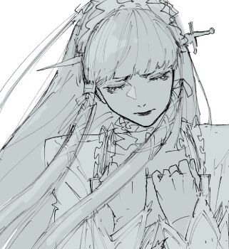 1girl aakaaka78910 blunt_bangs collar dress frilled_collar frilled_hairband frills gothic_lolita hair_ribbon hairband highres holding lolita_fashion long_hair long_sleeves object_through_head persona persona_3 persona_3_reload ribbon sidelocks simple_background sketchbook solo sword_in_head white_dress white_ribbon yoshino_chidori