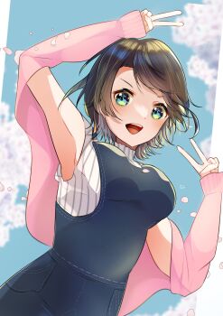 1girl :d absurdres arms_up black_hair blue_eyes blue_overalls blue_sky breasts cardigan cherry_blossoms day emutakanoe high_collar highres hololive large_breasts looking_at_viewer oozora_subaru open_mouth overalls pink_cardigan pinstripe_pattern pinstripe_shirt shirt short_hair sky sleeveless sleeveless_shirt smile solo swept_bangs upper_body v virtual_youtuber white_background white_shirt