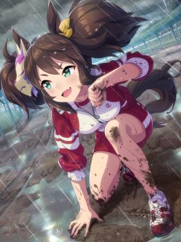 absurdres animal_ears aqua_eyes artist_request bow breasts brown_hair cloud cloudy_sky collarbone crest day dirty dot_nose eyelashes fang floating_hair fox_mask game_cg gym hair_bow hair_ribbon hand_on_ground happy highres horse_ears horse_girl horse_tail inari_one_(umamusume) jacket knees large_breasts light_blush long_sleeves looking_to_the_side mask mask_on_head mud multicolored_jacket multicolored_shoes official_art on_one_knee open_mouth outdoors pocket puddle purple_ribbon rain red_jacket red_shoes red_shorts ribbon running_track shirt shoes short_hair shorts skin_fang sky sleeves_rolled_up smile sneakers socks tail third-party_source tracen_training_uniform track_jacket tsurime two-tone_jacket two-tone_shoes umamusume v-shaped_eyebrows wet white_jacket white_mask white_shirt white_shoes white_socks wind yellow_bow zipper zipper_pull_tab