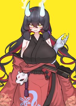 1girl bare_shoulders black_hair blush breasts claws cowboy_shot fang hair_between_eyes hair_intakes highres horns huge_breasts japanese_clothes kim_aendeo kimono long_hair looking_at_viewer mask multicolored_hair obi original red_hair red_kimono sash sharp_teeth sidelocks simple_background smile solo standing streaked_hair teeth twintails wide_sleeves yellow_background yellow_eyes