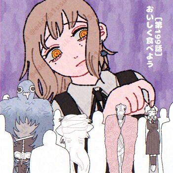 3girls black_dress chainsaw_man closed_mouth collared_shirt commentary_request dress fake_chainsaw_man falling_devil_(chainsaw_man) fourth_east_high_school_uniform grey_hair guillotine_devil_(chainsaw_man) highres mole mole_under_eye multiple_girls pinafore_dress school_uniform shirt sleeveless sleeveless_dress translation_request usuki_(edd3a1usuki) famine_devil_(chainsaw_man) white_shirt