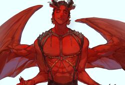 Rule 34 | 1boy, abs, baldur&#039;s gate, baldur&#039;s gate 3, bara, bare pectorals, cha cha (weibo 1886672467), colored skin, demon boy, demon horns, demon wings, dungeons &amp; dragons, extra arms, highres, horns, large pectorals, looking at viewer, male focus, monster boy, muscular, muscular male, navel, pectorals, raphael (baldur&#039;s gate), red skin, revealing clothes, seductive smile, short hair, sideburns, smile, solo, standing, thick eyebrows, tsurime, upper body, wings