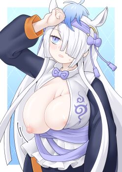 1girl absurdres accidental_exposure alternate_breast_size_(larger) animal_ears areola_slip arm_at_side arm_up blue_eyes blue_hair blush border bow bowtie breast_slip breasts center_opening commentary_request commission extra_ears grey_hair gyokuryu_(kemono_friends) hair_bow hair_over_one_eye hairband highres horse_ears hot huge_breasts japanese_clothes kemono_friends kemono_friends_3 long_hair long_sleeves looking_up multicolored_eyes multicolored_hair nipples no_bra one_breast_out one_eye_covered outside_border pale_skin parsley_(simonov1941) parted_bangs parted_lips purple_bow purple_bowtie purple_eyes purple_hairband shirt skeb_commission skindentation slit_pupils solo sweat two-tone_eyes two-tone_hair unaligned_breasts upper_body very_long_hair wardrobe_malfunction white_border