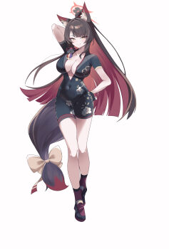 1girl absurdres adapted_costume animal_ear_fluff animal_ears arm_behind_head black_bodysuit blue_archive bodysuit bow breasts center_opening cleavage colored_inner_hair covered_navel cran_berrie eyeshadow fingerless_gloves floral_print fox_ears fox_girl fox_tail full_body gloves halo hand_on_own_hip highres large_breasts looking_at_viewer makeup multicolored_hair red_eyeshadow red_halo smile solo tail tail_bow tail_ornament wakamo_(blue_archive) white_background yellow_eyes