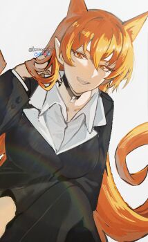 Rule 34 | 1girl, absurdres, artist name, azazel ameri, black jacket, black pants, bluesky logo, bluesky username, commentary, demon girl, demon horns, formal clothes, hair between eyes, hair horns, hand in own hair, highres, horns, instagram logo, instagram username, jacket, knowname, long hair, mairimashita! iruma-kun, open mouth, orange eyes, orange hair, pants, pixiv logo, pixiv username, shirt, twitter logo, twitter username, white shirt