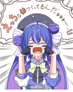 Rule 34 | 1girl, ahoge, ascot, asymmetrical sleeves, beret, black ascot, black gloves, black hat, blue hair, blue jacket, bow, bowtie, buttons, chaakusu, closed eyes, clothing cutout, collared jacket, collared shirt, colored inner hair, commentary request, cropped torso, crying, double-breasted, dripping eye, eighth note, emphasis lines, fortissimo, gloves, green bow, green bowtie, hair between eyes, half gloves, hat, hat ornament, hat ribbon, highres, jacket, long hair, mismatched sleeves, multicolored hair, multicolored jacket, musical note, musical note hat ornament, open mouth, otomachi una, otomachi una (sv), puffy sleeves, purple hair, purple streaks, ribbon, shirt, shoulder cutout, sidelocks, simple background, sitting, sleeve cuffs, sobbing, solo, speech bubble, straight-on, streaked hair, striped clothes, striped ribbon, synthesizer v, teardrop, tears, three-quarter sleeves, translation request, twintails, two-tone hair, upper body, vertical-striped clothes, very long hair, wariza, wavy mouth, white background, white ribbon, white shirt, wilted ahoge, wiping tears