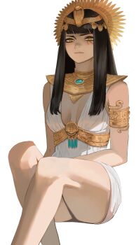 Rule 34 | 1girl, absurdres, ancient egyptian clothes, armlet, black hair, blunt bangs, breasts, closed mouth, commentary, crown, english commentary, highres, invisible chair, jewelry, long hair, medium breasts, ori dal, original, simple background, sitting, smile, solo, tassel, thighs, white background, yellow eyes