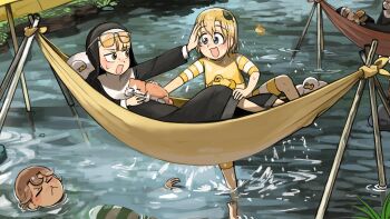 Rule 34 | 5girls, :<, :d, bird, blonde hair, blue eyes, brown hair, burger, cat, chicken, clumsy nun (diva), commentary, diva (hyxpk), duck, eating, english commentary, eyewear on head, food, froggy nun (diva), glasses, glasses nun (diva), green one-piece swimsuit, hammock, highres, holding, holding burger, holding food, hungry nun (diva), little nuns (diva), multiple girls, nun, old-fashioned swimsuit, on hammock, one-piece swimsuit, open mouth, partially submerged, river, round eyewear, short hair, smile, spicy nun (diva), striped clothes, striped one-piece swimsuit, swimsuit, traditional nun, wet, wet hair, yellow eyes, yellow one-piece swimsuit