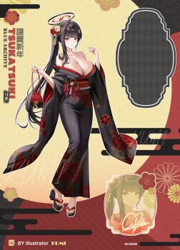 Rule 34 | 1girl, black hair, black halo, black kimono, blue archive, breasts, bright pupils, cleavage, commentary request, english text, floral print, floral print kimono, hair ornament, hairclip, halo, highres, japanese clothes, kimono, kottungyang, large breasts, mixed-language text, multicolored halo, official alternate costume, official art, print kimono, red eyes, ringed eyes, rio (blue archive), solo, translation request, two-tone halo, white pupils