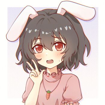 1girl animal_ears black_hair blush border carrot_necklace commentary_request dress fanxiaotu frilled_sleeves frills hair_between_eyes hand_up highres inaba_tewi jewelry looking_at_viewer necklace open_mouth pink_dress portrait puffy_short_sleeves puffy_sleeves rabbit_ears red_eyes short_hair short_sleeves solo sweatdrop teeth touhou upper_teeth_only w white_border