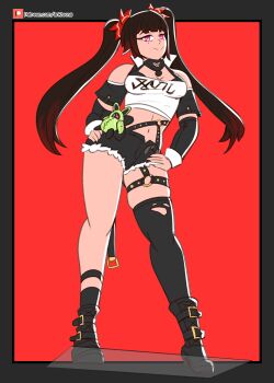 1girl arktoons artist_name belt_buckle black_boots black_hair black_shorts black_sleeves blunt_bangs boots border bow breasts buckle cleavage closed_mouth clothes_writing commentary contrapposto cosplay cropped_jacket denim denim_shorts detached_sleeves english_commentary eyebrows_hidden_by_hair female_focus floating_hair full_body hair_bow hands_on_own_hips highres honkai:_star_rail honkai_(series) long_hair medium_breasts midriff mole mole_under_eye multicolored_hair navel nicole_demara nicole_demara_(cosplay) o-ring open_fly pink_eyes popped_collar red_background shirt shorts simple_background single_thighhigh skindentation sleeve_cuffs sleeveless sleeveless_jacket smile solo sparkle_(honkai:_star_rail) strap strapless streaked_hair thighhighs torn_clothes torn_thighhighs tube_top twintails white_shirt zenless_zone_zero