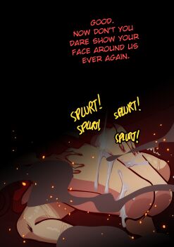 1boy 1girl absurdres bishoujo_senshi_sailor_moon black_hair blush bullying cum cum_on_body cum_on_legs deep_skin defeat embers english_text fade_to_black femdom grabbing_from_behind hand_on_another's_leg high_heels highres hino_rei humiliation inner_senshi magical_girl miniskirt mosbles_(mosbles7) nude outdoors pleated_skirt public_indecency rape red_shoes red_skirt sailor_mars sailor_senshi sailor_senshi_uniform shoes skirt smoke sound_effects sweat thick_thighs thigh_sex thighs